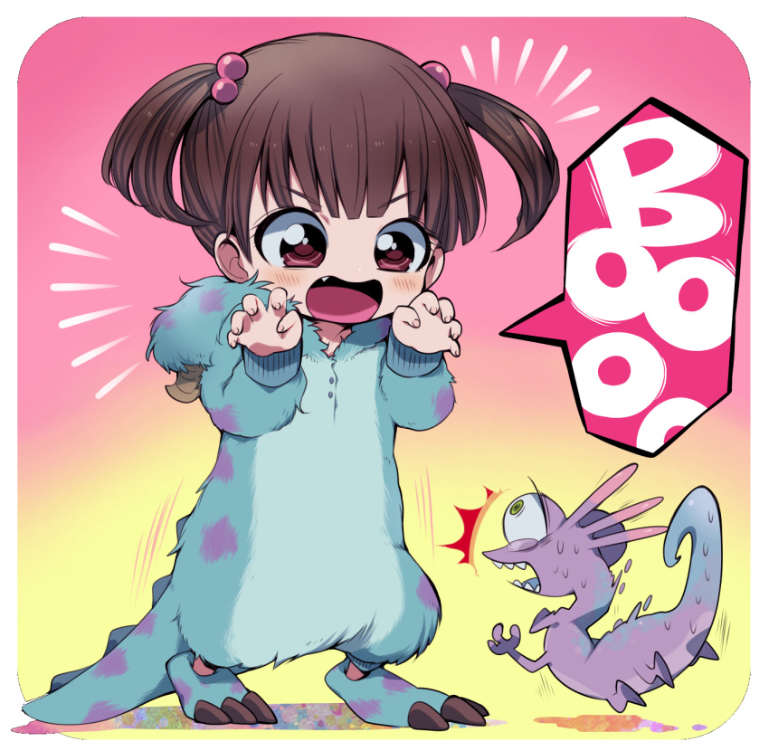/\/\/\, 1boy, 1girl, boo_(monsters_inc.), brown_hair, character_hood, child, claw_pose