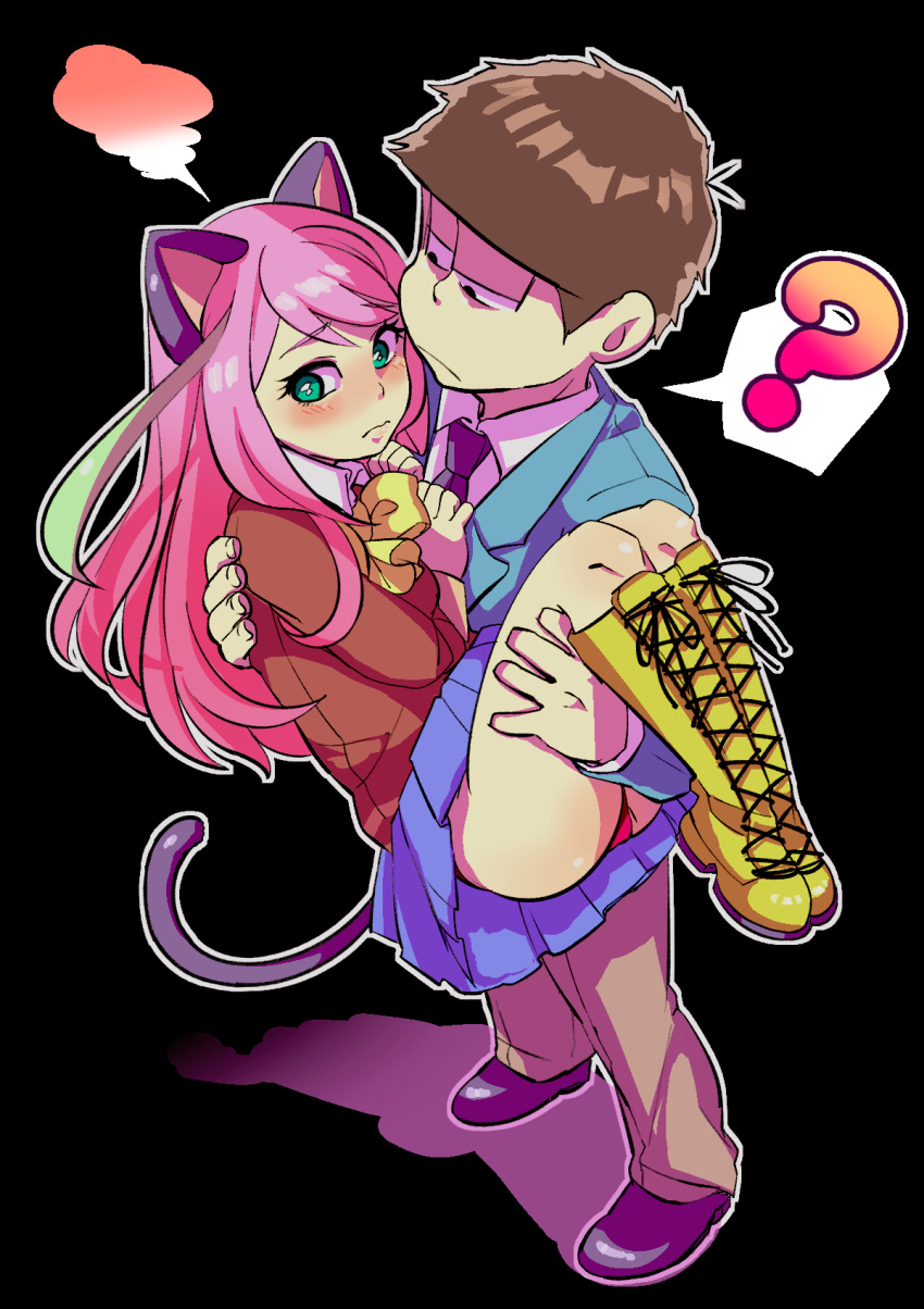 1boy, 1girl, ?, animal_ears, black_background, blush, boots, bow