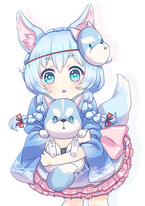 1girl, animal, animal_ears, animal_hug, blue_eyes, blue_hair, braid, dog
