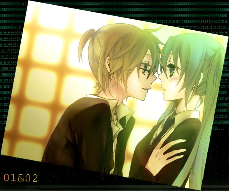 blue_eyes, glasses, green_eyes, green_hair, hatsune_miku, kagamine_len, long_hair, necktie