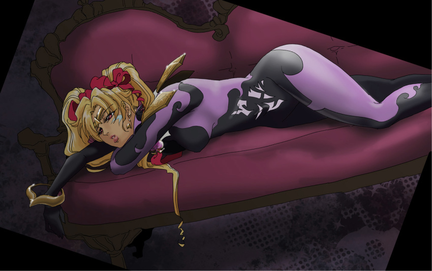 1girl, bishoujo_senshi_sailor_moon, bishoujo_senshi_sailor_moon_another_story, bodysuit, bowtie, commentary_request, couch, facial_mark, hair_ribbon, jewelry, long_hair, lying, ribbon, sin_(sailor_moon), solo, tiara, twintails