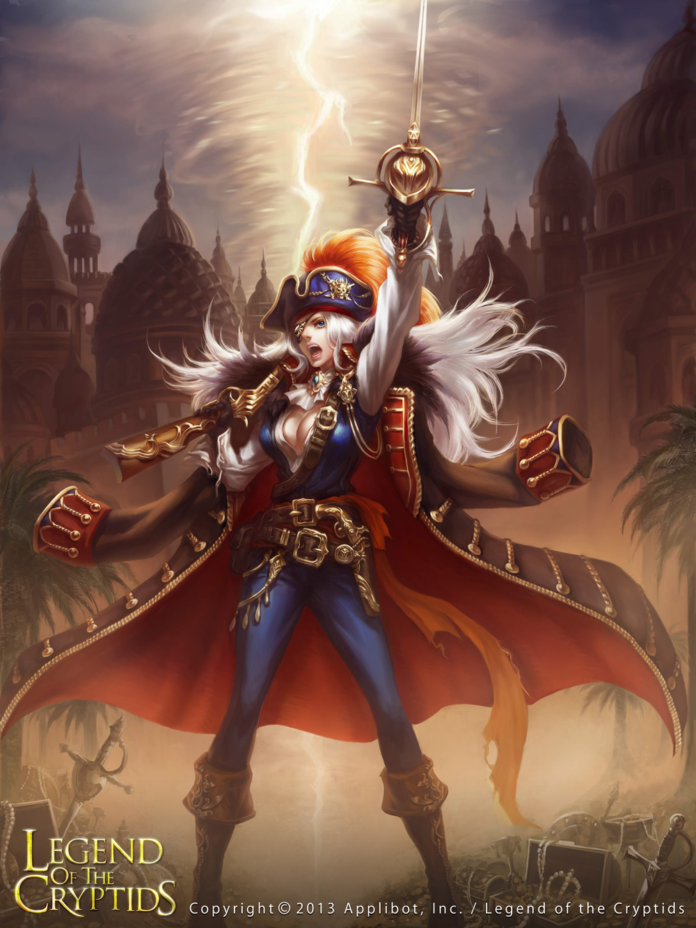 2013, arabian_architecture, arm_up, belt, blue_eyes, blue_pants, boots, cape