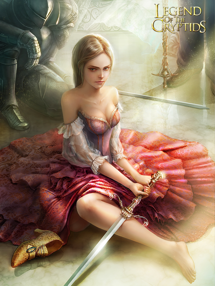 1boy, 1girl, armor, bare_shoulders, barefoot, blonde_hair, breasts, cleavage