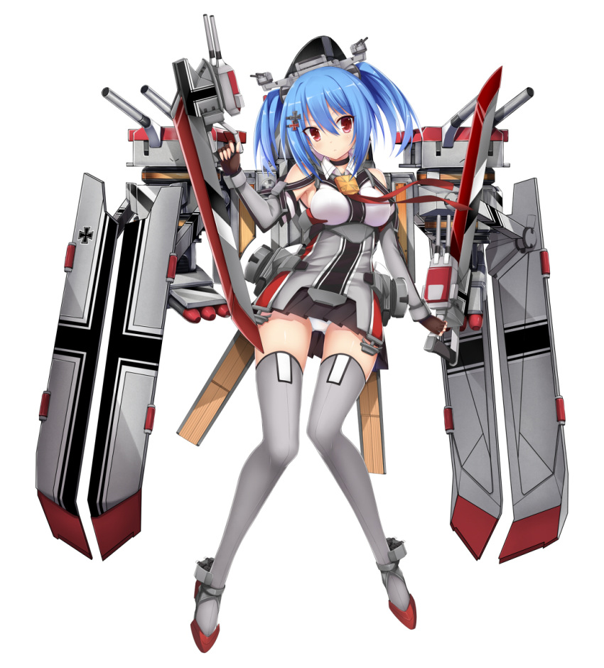 1girl, aixioo, bare_shoulders, blue_hair, cannon, detached_sleeves, fingerless_gloves, gloves