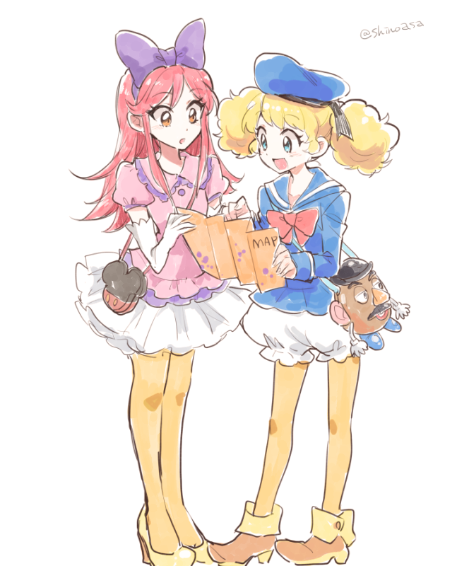 2girls, aikatsu!, cosplay, daisy_duck_(cosplay), donald_duck_(cosplay), hat, map, multiple_girls