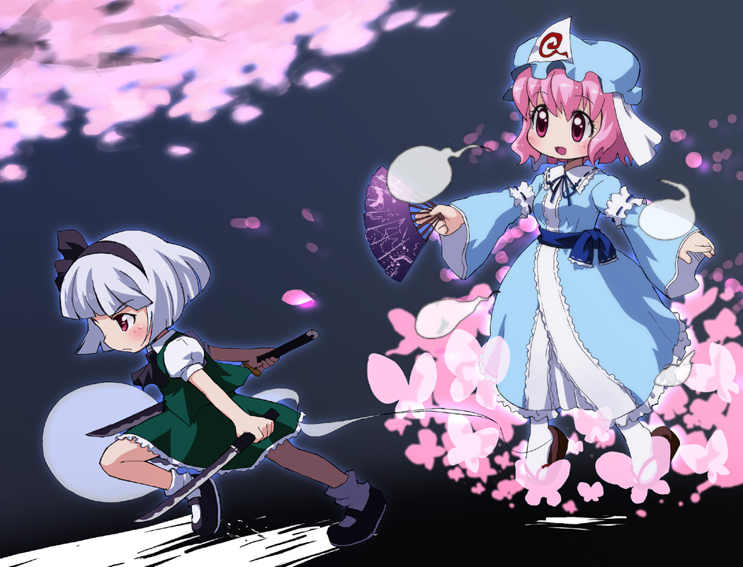 butterfly, dual_wield, dual_wielding, fan, ghost, hairband, hat, hitodama