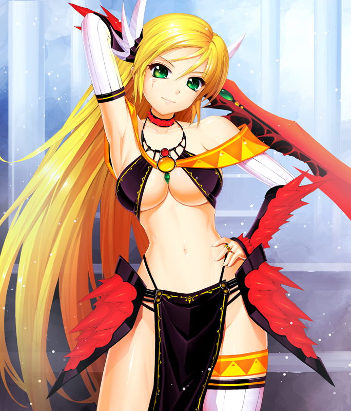 1girl, amane_satsuki, arm_up, armpits, asymmetrical_legwear, blonde_hair, breasts, collar, collarbone, detached_sleeves, emerald, gem, green_eyes, groin, hand_behind_head, hand_on_hip, headwear, holding_sword, holding_weapon, jewelry, long_hair, midriff, navel, original, pelvic_curtain, revision, ring, ruby_(stone), showing_armpits, smile, solo, spiked_collar, spikes, sword, thigh-highs, under_boob, very_long_hair, weapon