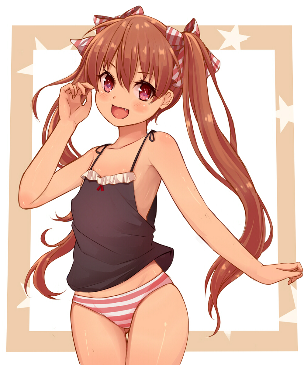 1girl, brown_eyes, brown_hair, camisole, fang, flat_chest, hair_ribbon, highres