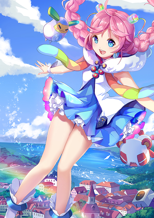 1girl, :3, :d, bangs, bear_hood, blue_dress, blue_eyes, blue_sky, blush, braid, building, clouds, dress, earrings, floating_hair, frills, hair_ornament, hoodie, jasmine_kenkyuuin, jewelry, long_hair, morio_shishou, ocean, open_mouth, outdoors, pink_hair, rainbow, rana_(vocaloid), sacchan_(bird), short_dress, sky, sleeveless, smile, sparkle, stellarism, twin_braids, twintails, very_long_hair, vocaloid, white_legwear, wrist_cuffs