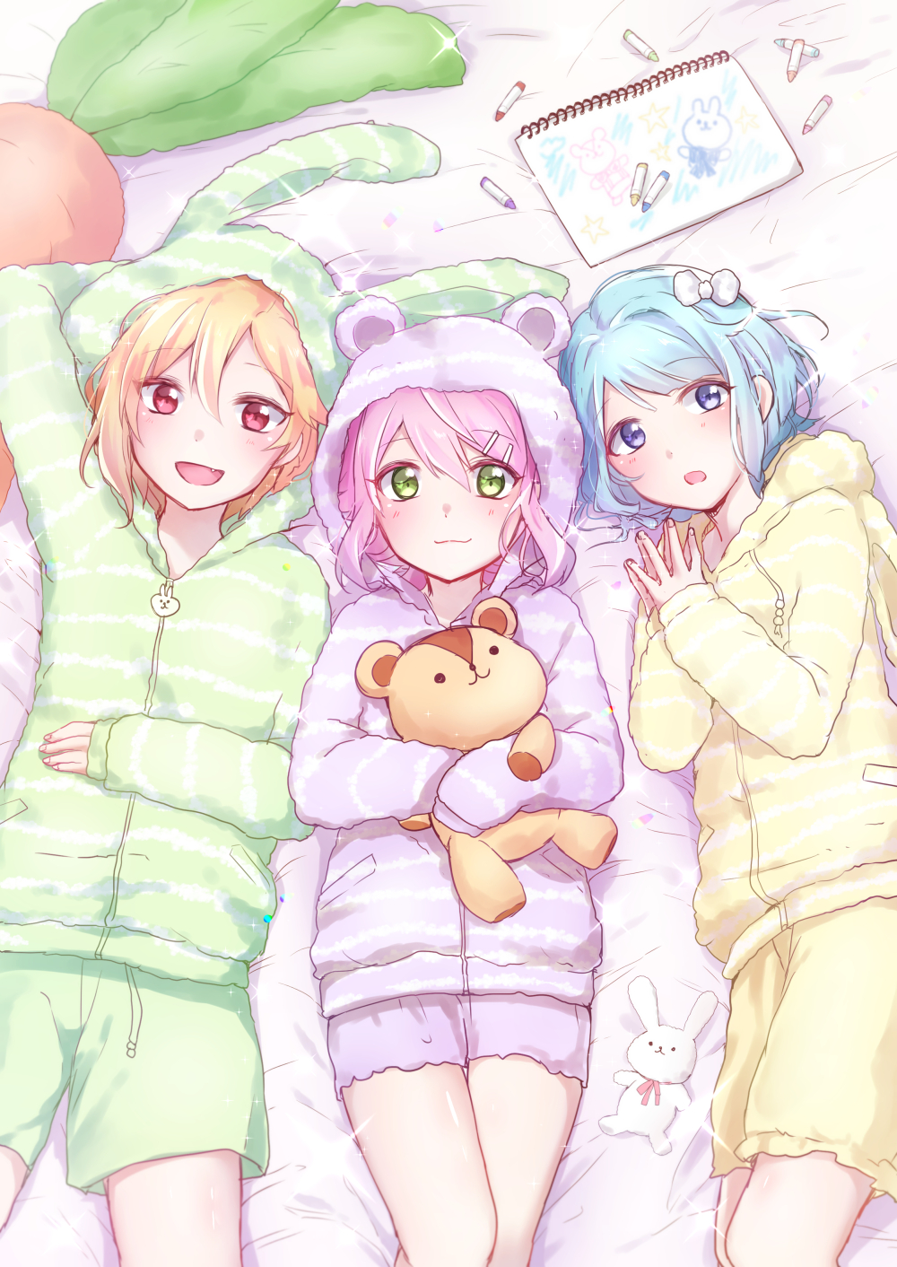 3boys, :3, ahoge, androgynous, animal_hood, blonde_hair, blue_eyes, blush