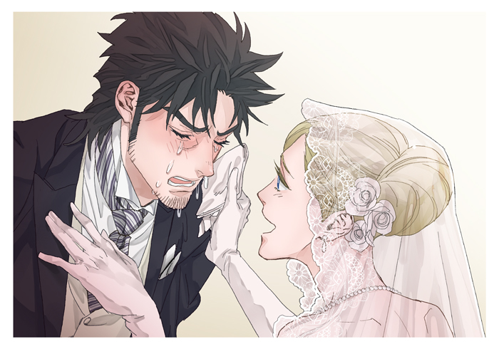 1boy, 1girl, black_hair, blonde_hair, blue_eyes, closed_eyes, crying, father_and_daughter, flower, gloves, hair_bun, hair_flower, hair_ornament, handkerchief, jewelry, jojo_no_kimyou_na_bouken, joseph_joestar_(young), kamonisi, kuujou_holly, necklace, necktie, pearl_necklace, tears, tuxedo, white_border, white_gloves