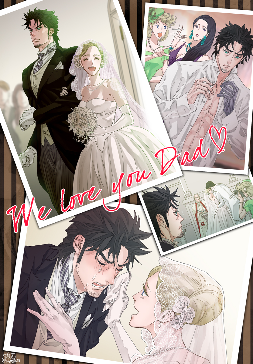 2boys, 3girls, abs, bare_shoulders, black_hair, blonde_hair, blue_hair, bouquet, bridal_veil, camera, cigarette, crying, dress, earrings, elbow_gloves, facial_hair, family, father_and_daughter, flower, gloves, goatee, green_dress, green_eyes, hair_bun, highres, jewelry, jojo_no_kimyou_na_bouken, joseph_joestar_(young), kamonisi, kuujou_holly, kuujou_sadao, lipstick, lisa_lisa, makeup, mechanical_hand, multiple_boys, multiple_girls, necklace, necktie, open_clothes, open_shirt, pearl_necklace, photo_(object), priest, shirt, sideburns, striped, striped_background, suzi_quatro, tears, tuxedo, twitter_username, veil, wedding, wedding_dress, white_gloves