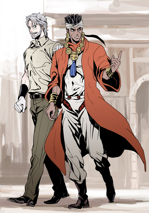 2boys, black_eyes, black_hair, gloves, green_eyes, grey_hair, headband, jojo_no_kimyou_na_bouken