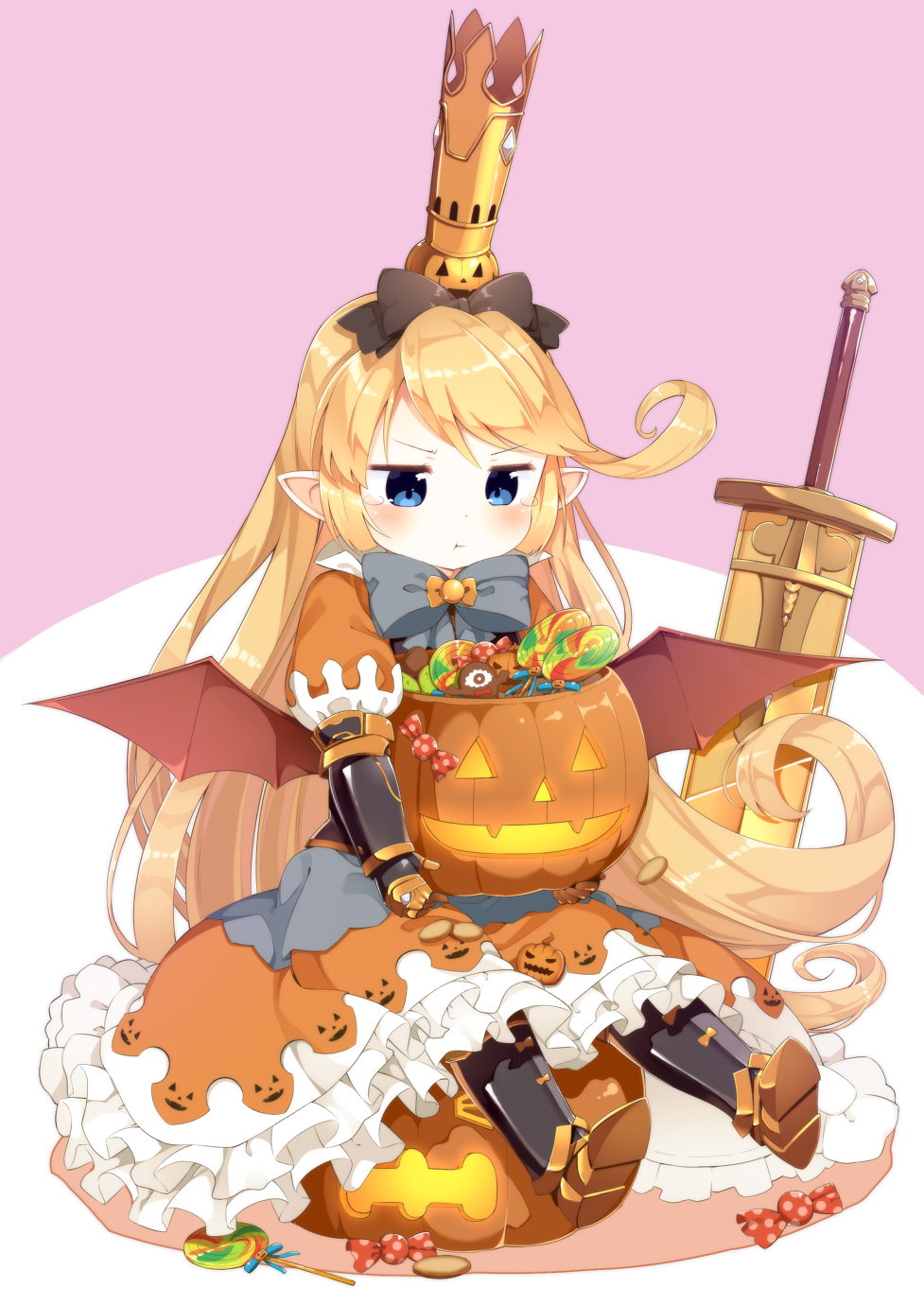 >:t, 1girl, :t, armored_boots, bat_wings, blonde_hair, blue_eyes, blush