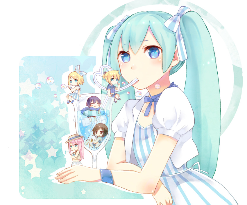 absurdres, aqua_hair, bikini, blonde_hair, blue_eyes, blue_hair, brown_eyes, brown_hair