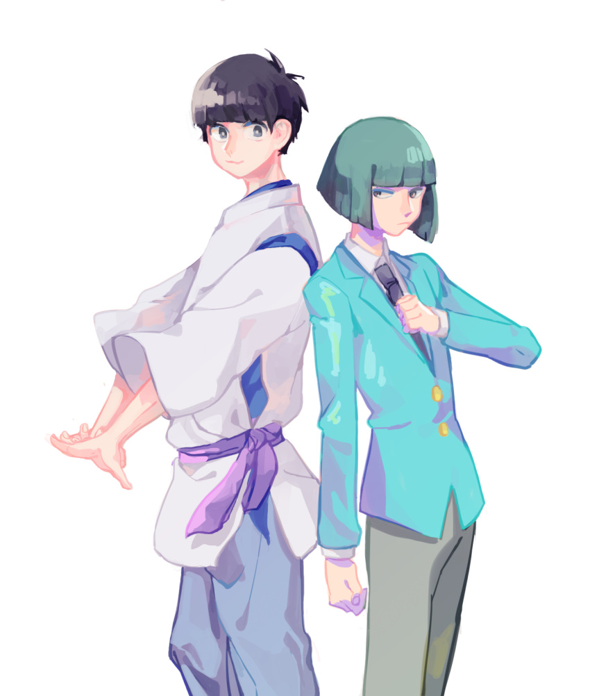 2boys, black_hair, bowl_cut, cosplay, costume_switch, cowboy_shot, formal, green_hair