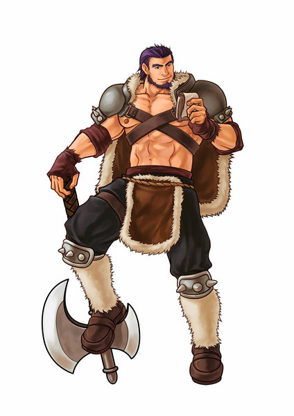 1boy, abs, axe, beard, cape, facial_hair, fire_emblem, fire_emblem:_souen_no_kiseki, gloves, largo_(fire_emblem), purple_hair, shirtless, simple_background, solo, weapon, white_background