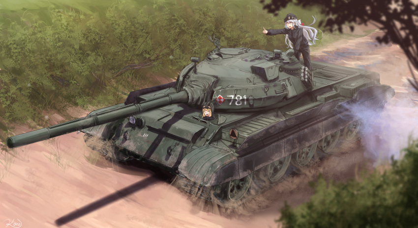 arm_support, beret, caterpillar_tracks, closed_eyes, driving, dust_cloud, goggles, goggles_on_head, hat, helmet, highres, karo-chan, long_hair, military, military_uniform, military_vehicle, original, pointing, poland, road, silver_hair, smile, standing, t-55, tank, uniform, vehicle