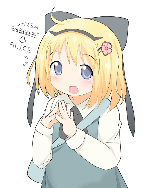 1girl, airplane, ascot, bag, blonde_hair, blue_eyes, buchi_(shimauma_kenkyuujo), fingers_together, flying_sweatdrops, hair_ornament, hairband, japan_air_self-defense_force, open_mouth, original, personification, short_hair, shoulder_bag, simple_background, solo, u-125a