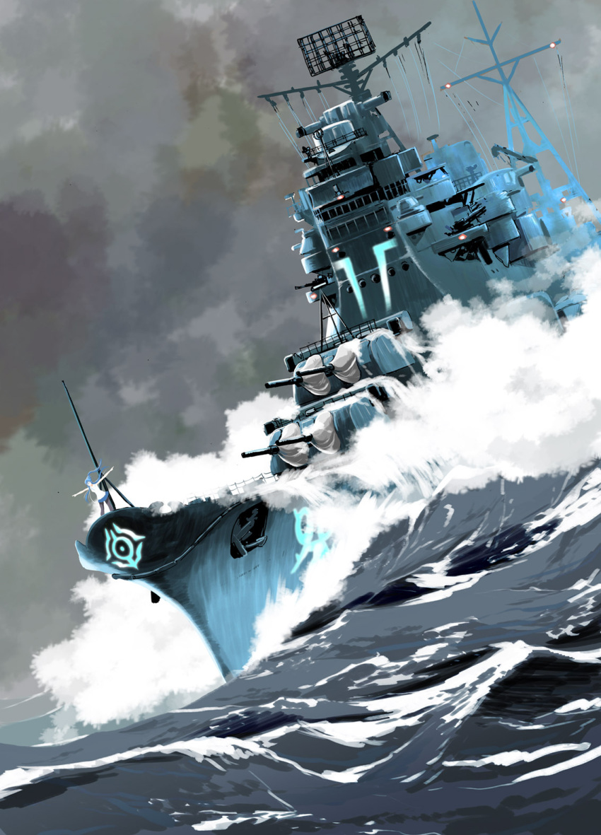 1girl, aoki_hagane_no_arpeggio, clouds, commentary_request, cruiser, dutch_angle, gun, highres