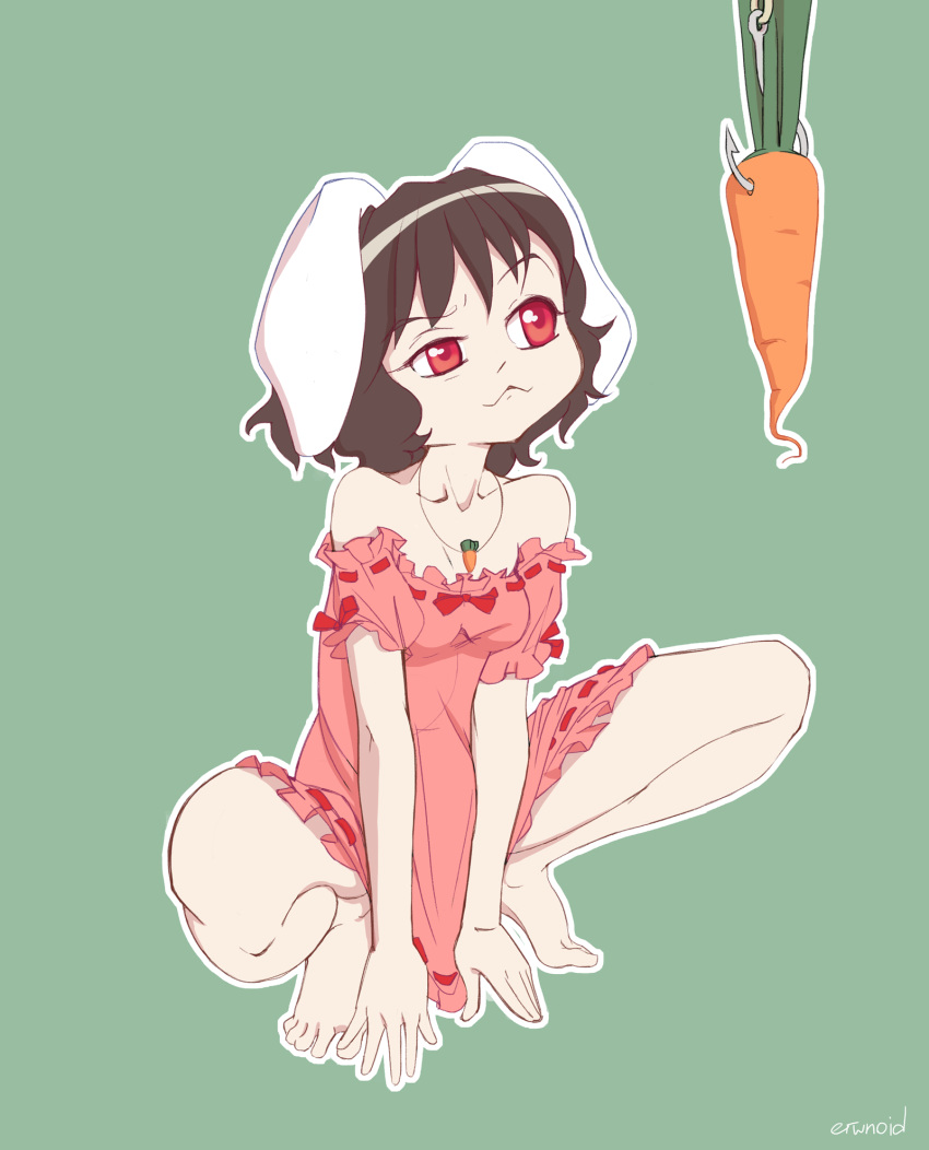 1girl, animal_ears, artist_name, bare_shoulders, barefoot, black_hair, carrot, carrot_necklace, erwnoid, fishing_hook, green_background, hands_on_floor, highres, hook, inaba_tewi, jewelry, nightgown, pendant, rabbit_ears, red_eyes, short_hair, signature, simple_background, skeptical, solo, squatting, touhou