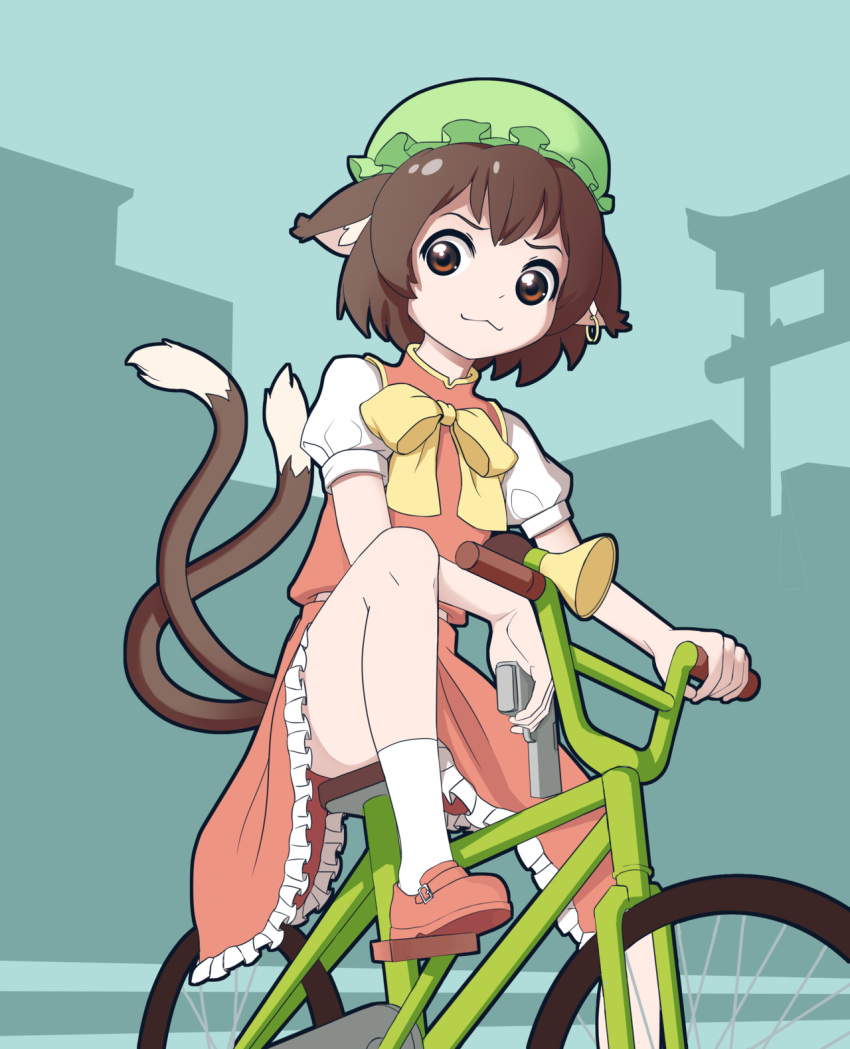 1girl, :3, animal_ears, bicycle, bowtie, brown_eyes, brown_hair, cat_ears