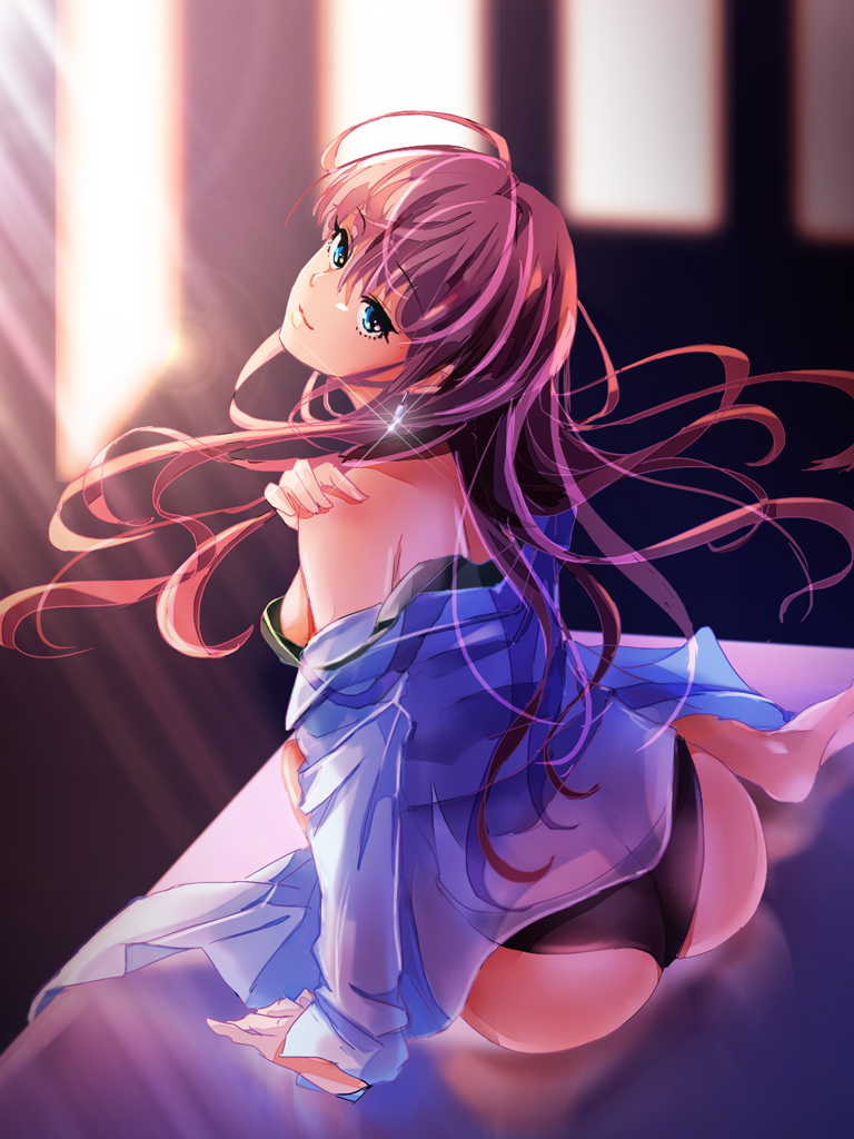1girl, arm_support, ass, barefoot, black_bra, black_panties, blue_eyes, bottomless