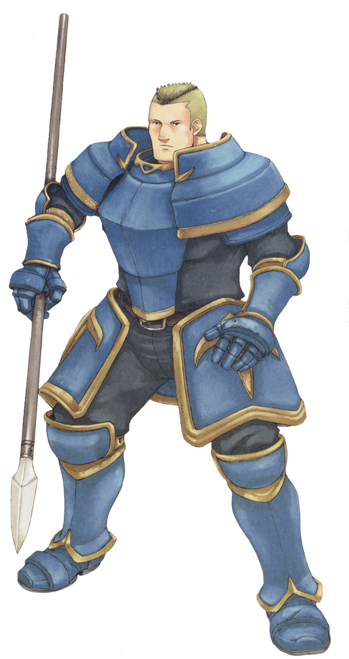 1boy, armor, armored_boots, bath_(fire_emblem), blonde_hair, fire_emblem, fire_emblem:_fuuin_no_tsurugi, gauntlets, gloves, highres, kaneda_eiji, lance, official_art, polearm, simple_background, solo, weapon, white_background
