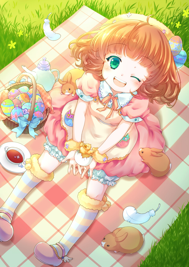 1girl, ;d, ahoge, bird, blanket, blonde_hair, bow, broken_egg, chick, colored_stripes, cup, dress, easter_egg, feathers, from_above, girlfriend_(kari), grass, green_eyes, hasegawa_miu, looking_at_viewer, one_eye_closed, open_mouth, picnic, picnic_basket, pink_dress, pink_shoes, rabbit, saucer, shoes, short_hair, smile, solo, striped, striped_legwear, tagme, teacup, teapot, winged_shoes, wings