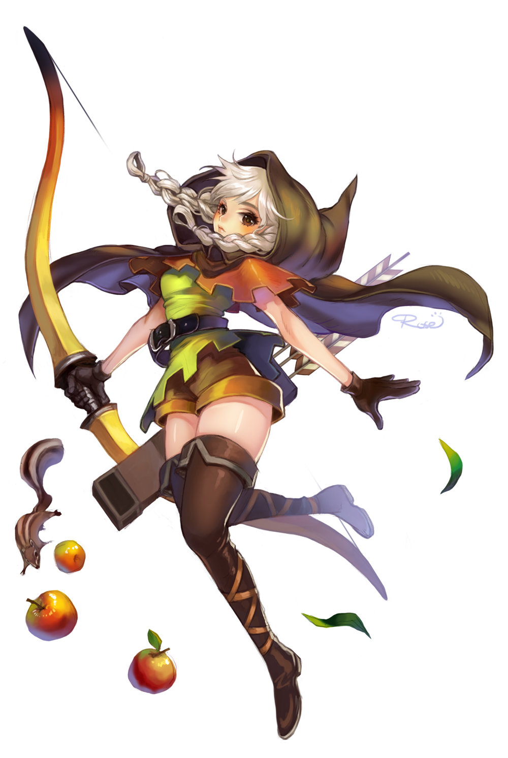 1girl, apple, arrow, artist_name, belt, boots, bow_(weapon), braid, brown_boots, brown_gloves, brown_legwear, cape, dragon's_crown, elf_(dragon's_crown), food, fruit, gloves, highres, hood, knee_boots, leaf, one_leg_raised, quiver, rrose, solo, squirrel, transparent_background, twintails, weapon, white_hair