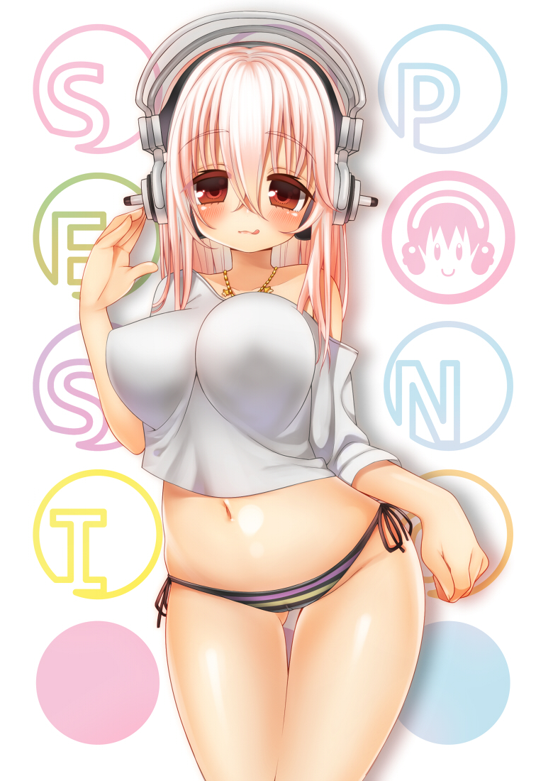 1girl, :q, bikini, bikini_bottom, blush, breasts, commentary_request, headphones
