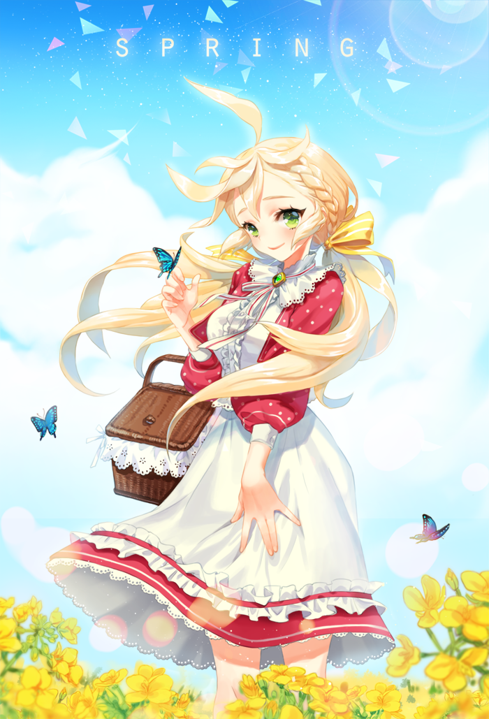 1girl, ahoge, animal_on_hand, artist_name, blonde_hair, blue_sky, bow, braid