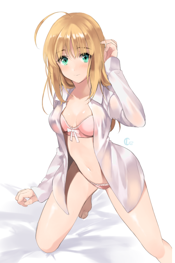 1girl, ahoge, bed_sheet, blonde_hair, blush, bra, breasts, cleavage