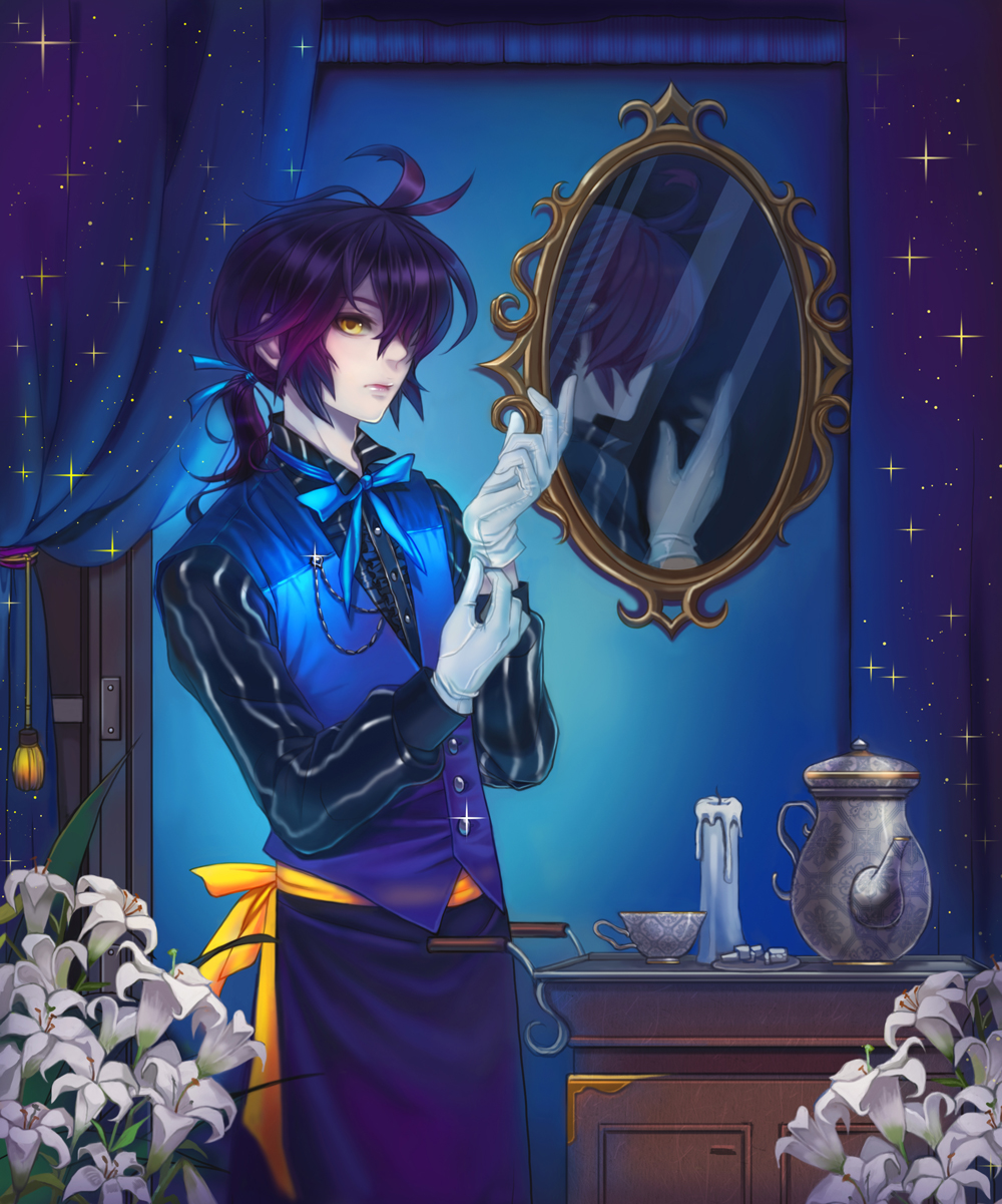 1boy, ahoge, apron, blue, blue_bowtie, blue_clothes, bowtie, butler