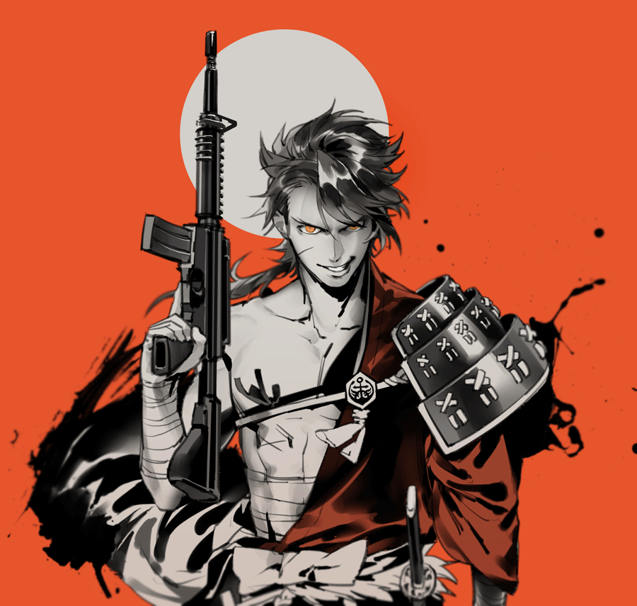 1boy, armor, black_hair, grin, gun, hanehito, japanese_armor, japanese_clothes