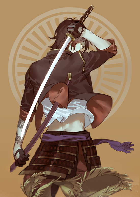 1boy, armor, brown_hair, gloves, hanehito, japanese_armor, japanese_clothes, katana