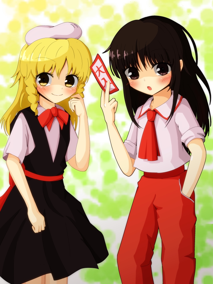 2girls, alternate_costume, beret, black_hair, blonde_hair, hakurei_reimu, hakurei_reimu_(pc-98), hat, kirisame_marisa, kirisame_marisa_(pc-98), lotus_land_story, multiple_girls, ofuda, pants, shirt, taochart, touhou, touhou_(pc-98)
