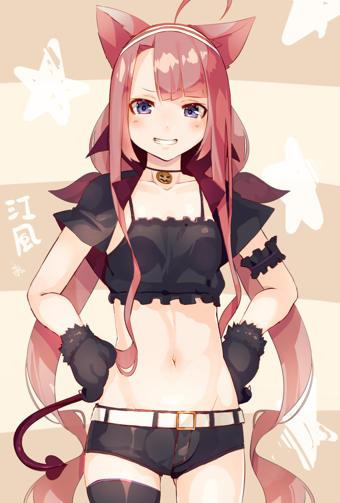 1girl, ahoge, animal_ears, armlet, asymmetrical_legwear, belt, black_gloves, black_legwear