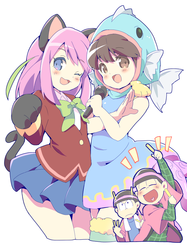 2boys, 2girls, :3, :d, ;d, animal_ears, blue_eyes, blush, bow, brown_eyes, brown_hair, cat_ears, cat_tail, chibi_inset, choromatsu, closed_eyes, crossed_arms, dress, fish_hood, gloves, glowstick, hachimaki, happi, hashimoto_nyan, headband, heart, heart_in_mouth, karamatsu, microphone, multicolored_hair, multiple_boys, multiple_girls, neneko-n, one_eye_closed, open_mouth, osomatsu-kun, osomatsu-san, paw_gloves, pink_hair, plaid, plaid_shirt, shirt, simple_background, skirt, smile, streaked_hair, tail, tentacles, totoko_(osomatsu-kun), towel, white_background