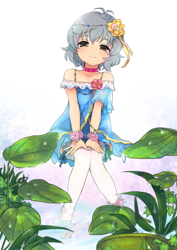 1girl, blush, brown_eyes, feet_in_water, grey_hair, hair_ornament, hairband, idolmaster