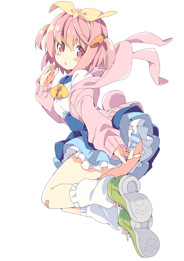 1girl, :o, animal_hood, bandaid, bandaid_on_knee, bangs, blush, bunny_hood