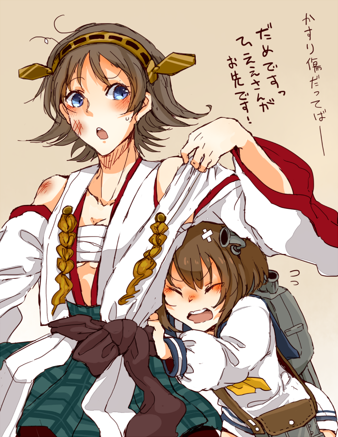 2girls, blue_eyes, bluetenbin, brown_hair, hair_ornament, hairband, hiei_(kantai_collection), injury