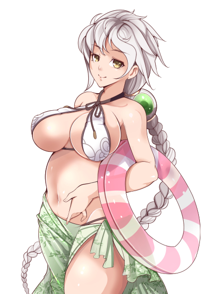 1girl, alternate_costume, bare_shoulders, braid, breasts, cloud_print, criss-cross_halter, halter_top