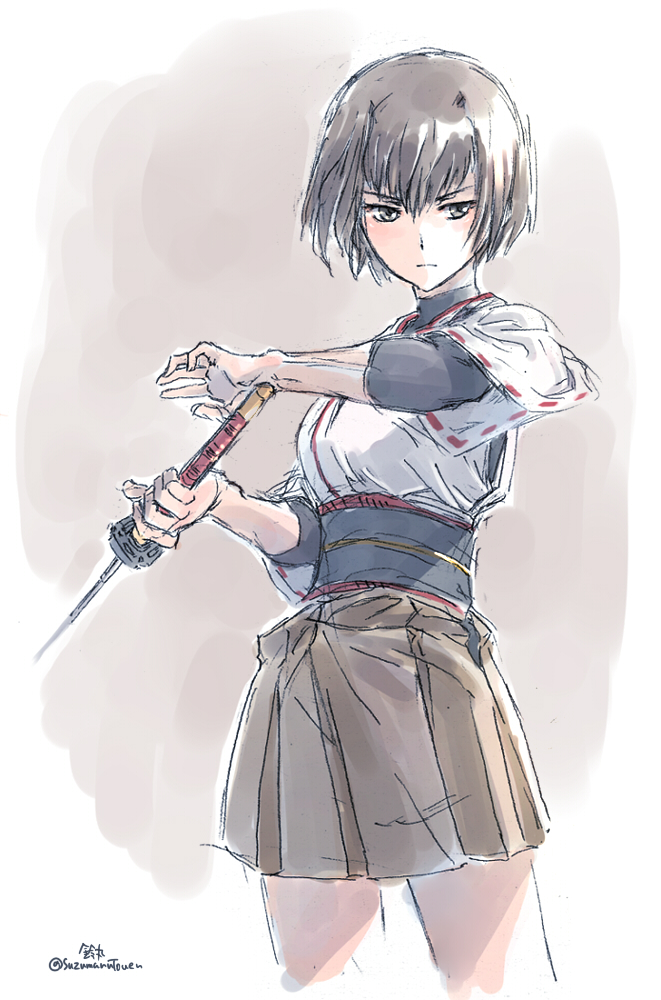 1girl, brown_eyes, brown_hair, cowboy_shot, hakama_skirt, hyuuga_(kantai_collection), japanese_clothes, kantai_collection