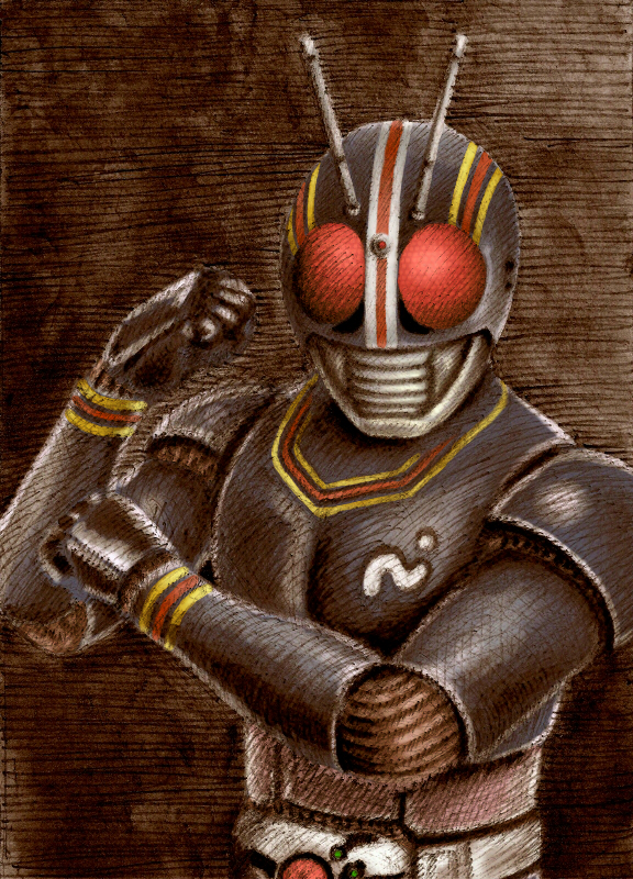 1boy, antennae, clenched_hand, kamen_rider, kamen_rider_black, kamen_rider_black_(series), male, pose, red_eyes, rider_belt, solo, upper_body, watari_ninja
