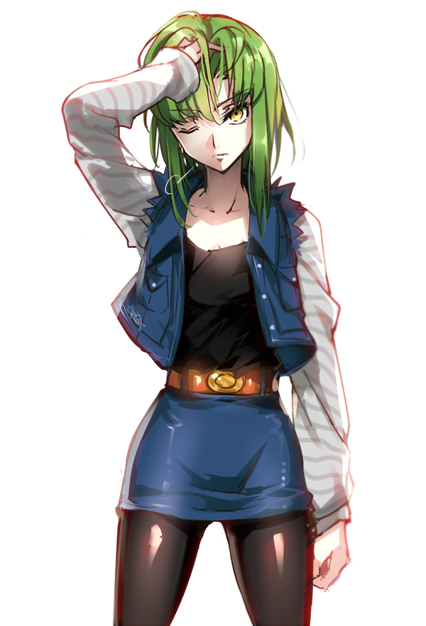 1girl, adjusting_hair, android_18, android_18_(cosplay), belt, black_legwear, c.c., code_geass, cosplay, creayus, dragon_ball, dragon_ball_z, green_hair, long_sleeves, one_eye_closed, pantyhose, short_hair, simple_background, skirt, solo, white_background, yellow_eyes