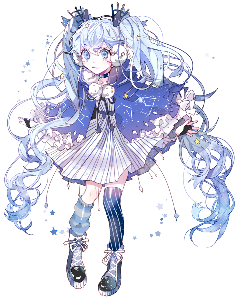 1girl, :3, blue_eyes, blue_hair, boots, dress, earmuffs, full_body