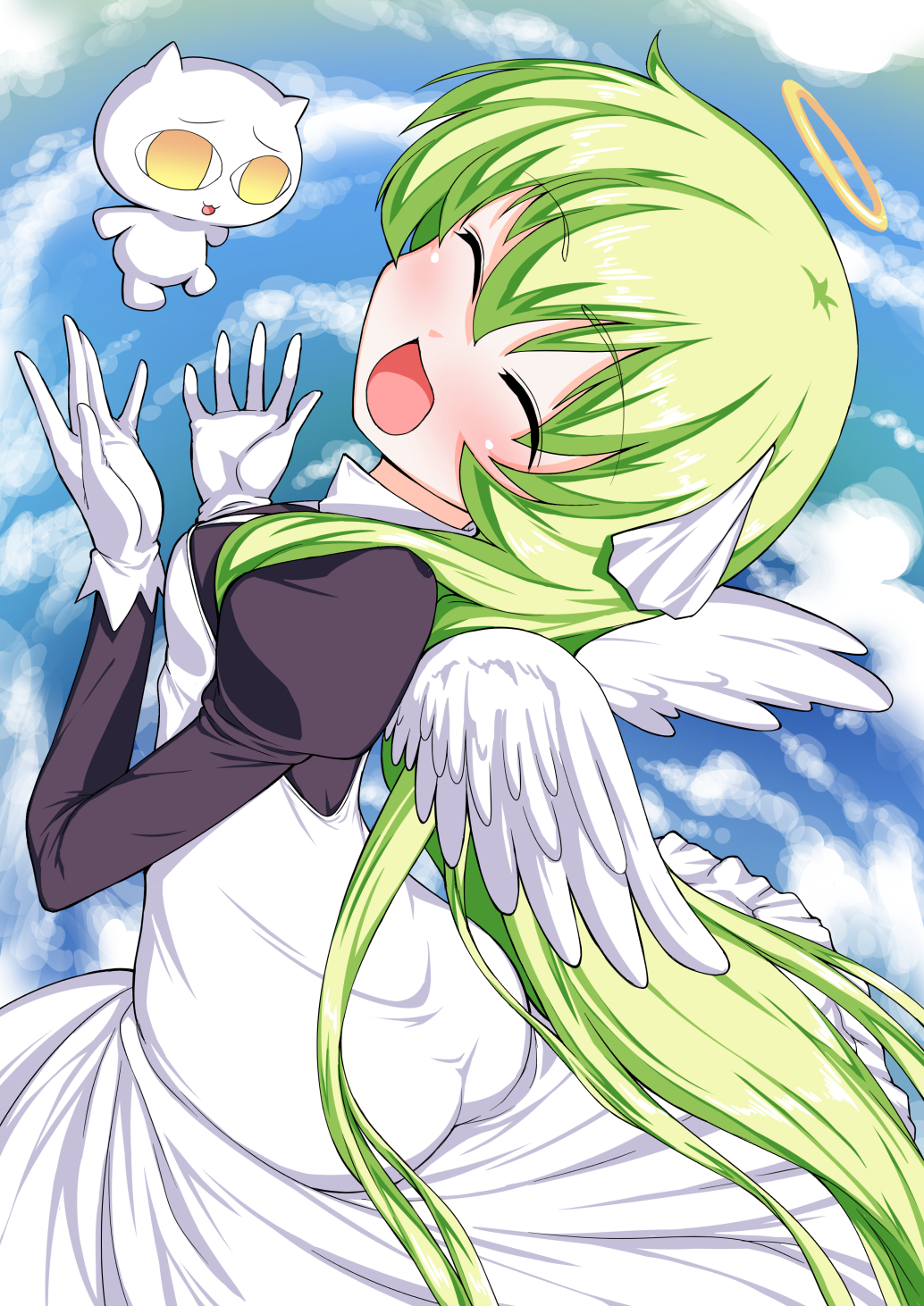 1girl, :3, ^_^, angel, aokihoshi, blue_sky, blush, cat, closed_eyes, clouds, feathered_wings, floating, gloves, hair_ornament, halo, happy, highres, juliet_sleeves, long_hair, long_sleeves, matsuki_miyu, media, nekogami-sama, pani_poni_dash!, puffy_sleeves, sky, very_long_hair, white_gloves, white_wings, wings