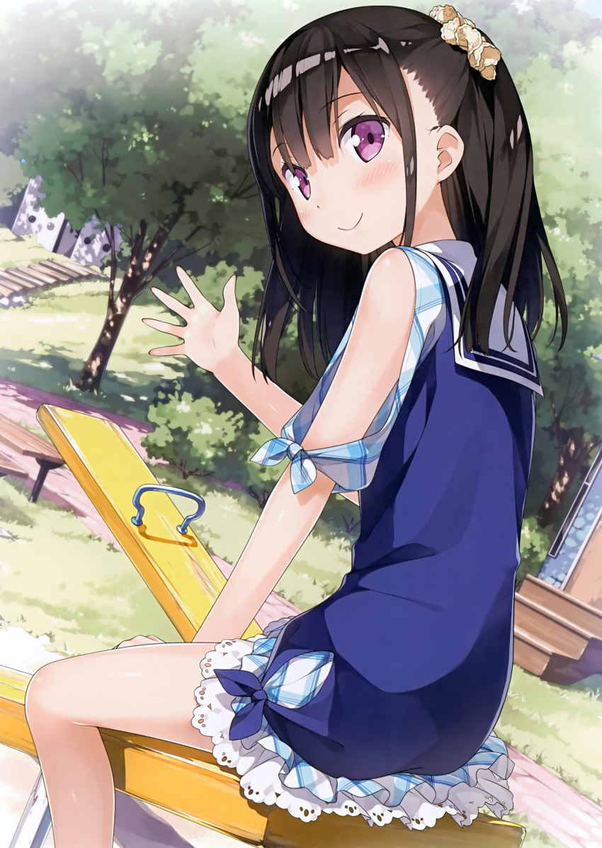 1girl, absurdres, bare_shoulders, bench, black_hair, blue_dress, blush, dress