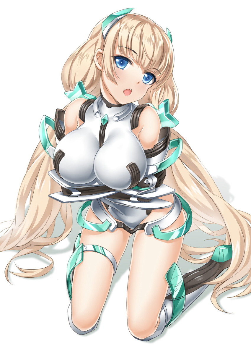 1girl, angela_balzac, bangs, bare_shoulders, blonde_hair, blue_eyes, breast_hold, breasts
